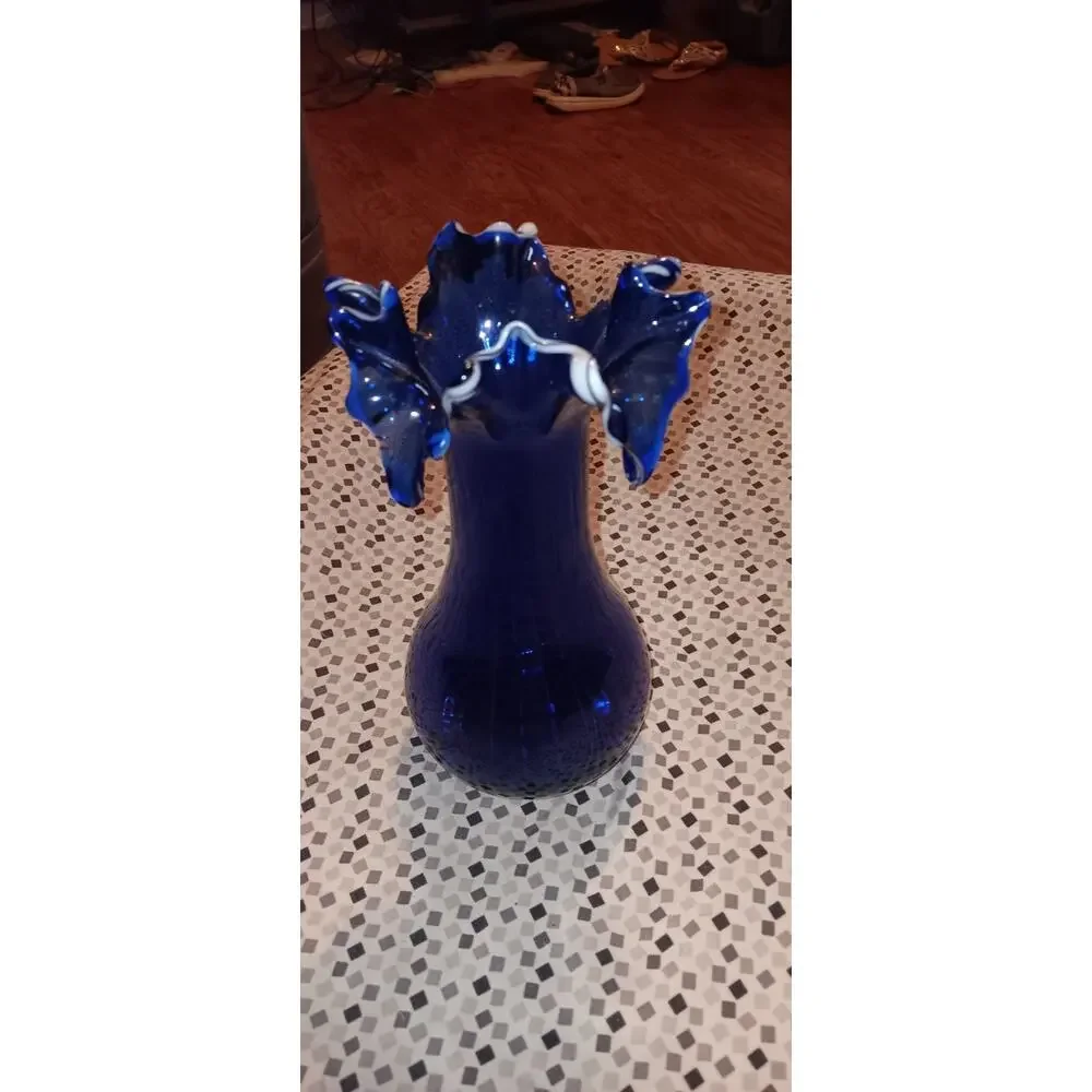 Vintage Deep Cobalt Blue Vase with Scalloped Crimped Ruffled Top Edge 8”